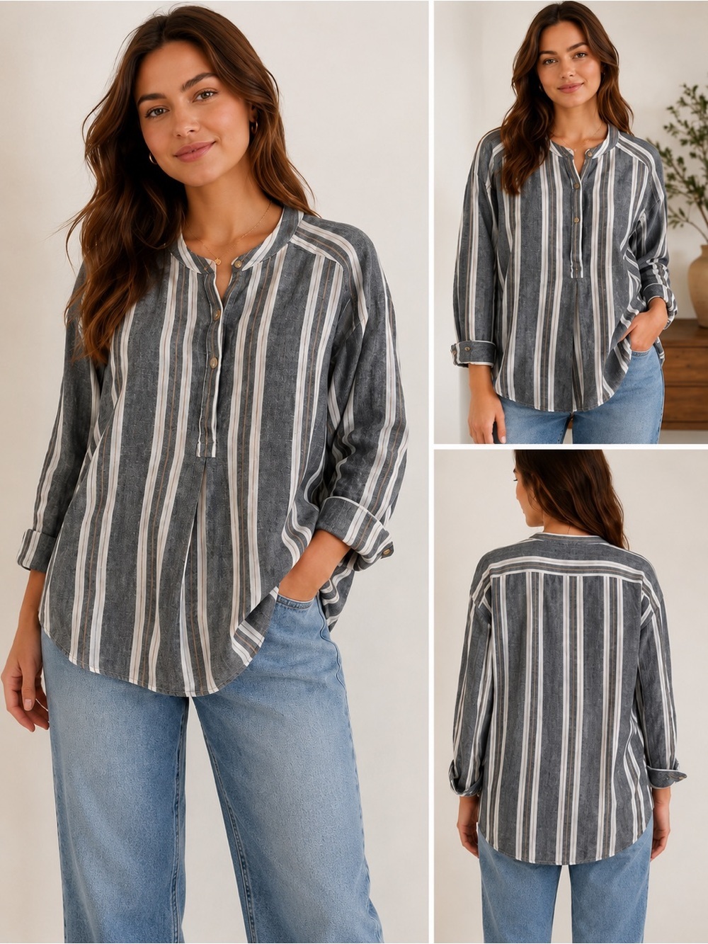 Banana Republic Linen Blend Striped Henley Tunic Top Coastal Minimalist Beach XL